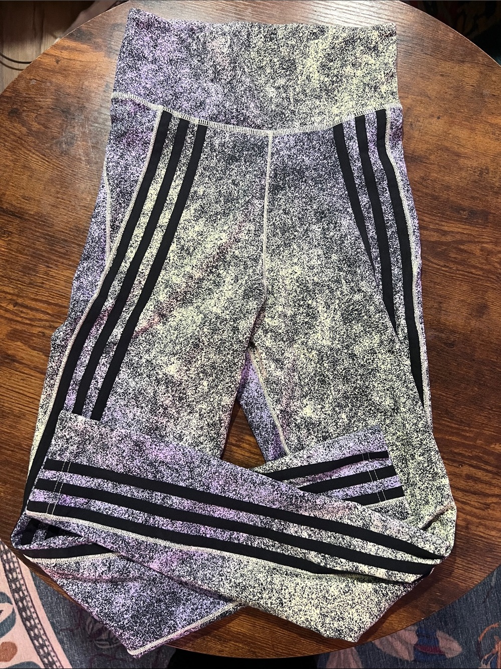 adidas Purple and yellow Speckle Leggings with Black Three-Stripes